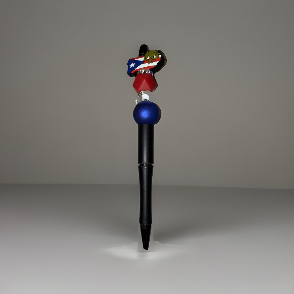 Puerto Rico Custom Handmade Beaded Pen PR Map Flag Coqui Blue Ink Retractable